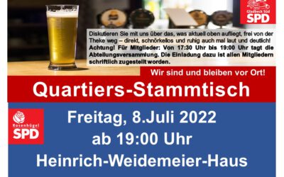 Quartiers-Stammtisch der Rosenhügeler SPD am 8.Juli ab 19:00 Uhr im HWH am Dahlmannsweg